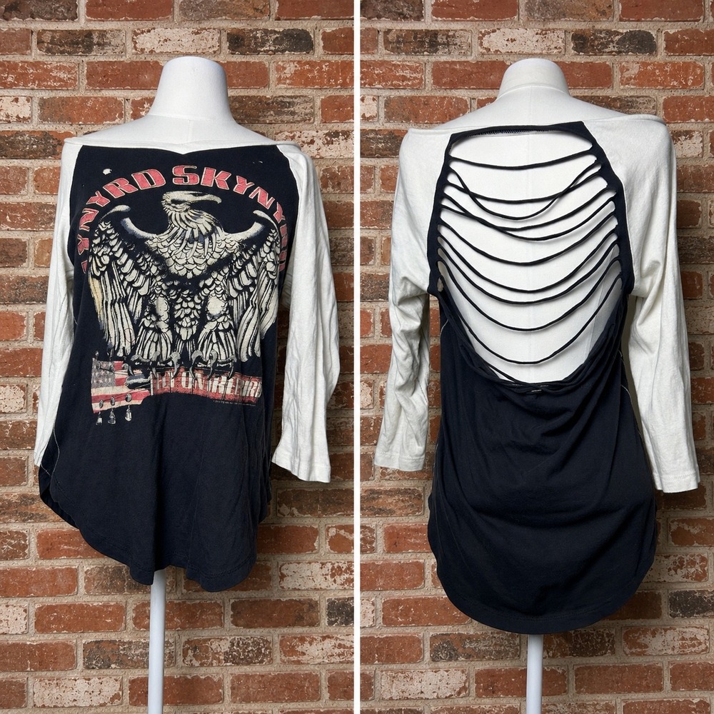 Lynyrd Skynyrd Freebird Distressed Shredded Back Raglan Tee XS Grunge Rock Edgy